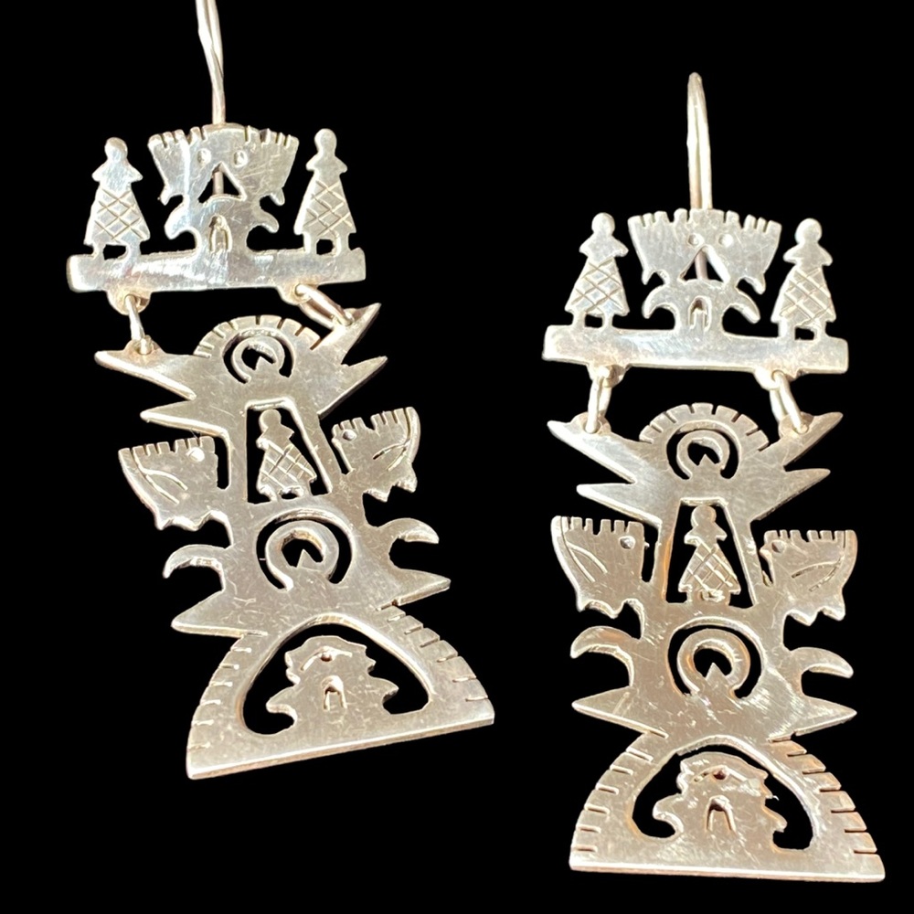 Gorgeous 925 Handmade Mexico Tree of Life Earrings, 3”x 1”